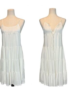 Sleeveless Cream Tiered Midi Dress Linen Blend Tie Neck Cottage-core SZ M
